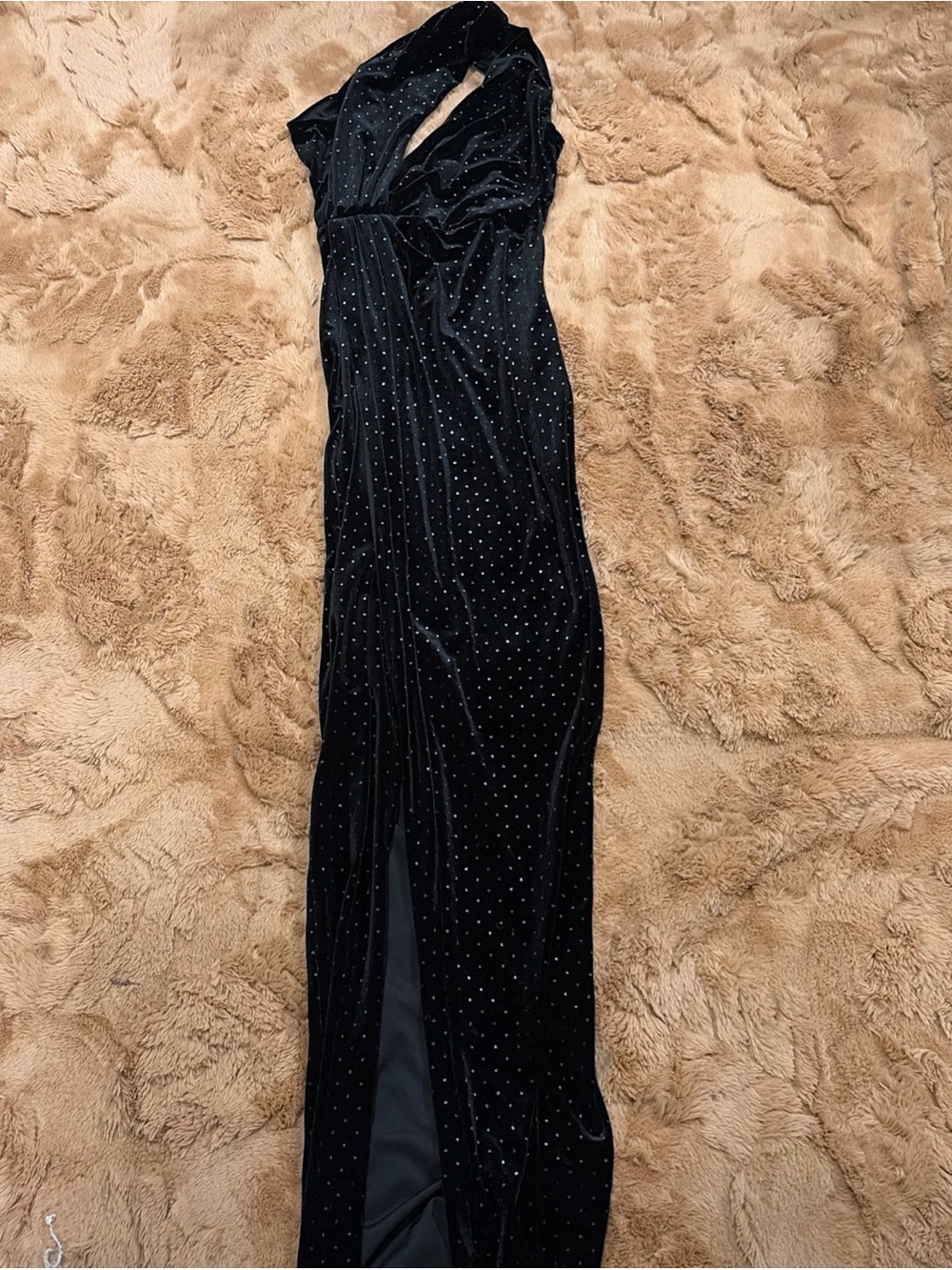 Black Velvet One Shoulder High Slit Sparkle Maxi Cut Out Formal Holiday Wedding
